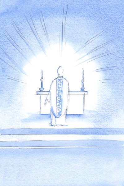 På besøksfesten dukket Kristus opp, iført et gyllent kapsel til ære for sin hellige mor Maria, 2002 (w/c på papir) av Elizabeth Wang
