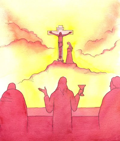Kvelden før han døde, innstiftet Jesus den hellige eukaristien, ved det siste måltid, 2001 (w/c på papir) av Elizabeth Wang