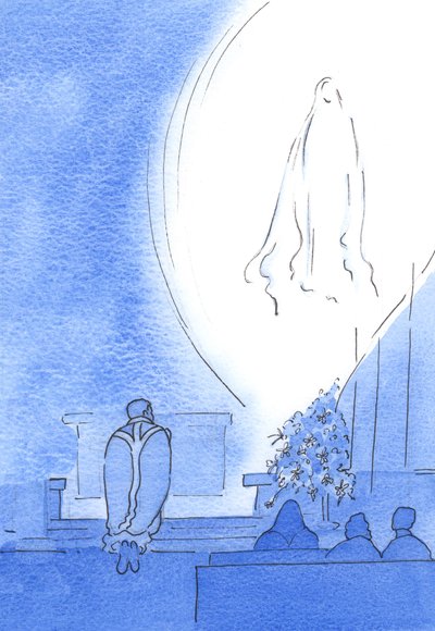 Vår velsignede frue dukket opp i et strålende lys, like ved oss, og gledet seg over vår hengivenhet mens vi alle ba rosenkransen, i mai 2003 (w/c på papir) av Elizabeth Wang