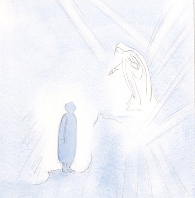 Vår velsignede frue er langt over oss i nåde og hellighet, men vi må ikke være redde for å nærme oss henne., 2001 (w/c på papir) av Elizabeth Wang