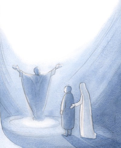 Vår Velsignede Frue hyrder fremsetter hver og en av oss, og oppmuntrer oss til å be med Kristus til Gud vår Fader., 2001 (w/c på papir) av Elizabeth Wang