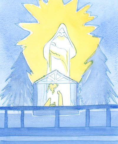 Vår Velsignede Frue sto i Fruekapellet, i herlighet, og viste hvordan hun deler vår glede på festen for fødselen til sin sønn, Vår Herre, 2003 (w/c på papir) av Elizabeth Wang