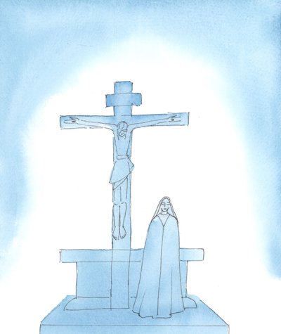 Vår Frue av Sorgene: Sannelig, Vår Hellige Frue led forferdelig da Jesus Kristus, hennes elskede sønn, døde i pine på korset, 2005 (akvarell på papir) av Elizabeth Wang