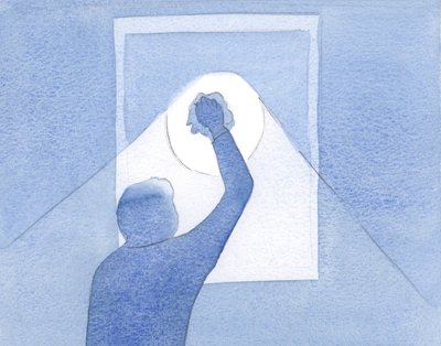Våre inderlige bønner er som den kraftige poleringen av en skitten vindusrute: dagslyset som er Kristi evig utøsende kjærlighet slippes inn!, 2001 (w/c på papir) av Elizabeth Wang