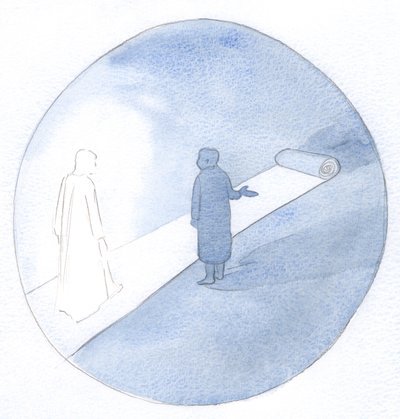 Livet vårt fremover er som en kongelig motorvei. Vi kan gå ut på det og kreve oppmerksomhet, eller vi kan gå tålmodig bak Kristus., 2001 (w/c på papir) av Elizabeth Wang