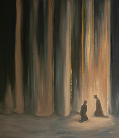 Våre bønner, selv i mørket, forener oss med Jesus, som forbereder oss på den himmelske herligheten som ligger bak forhenget, 2001 (olje om bord) av Elizabeth Wang