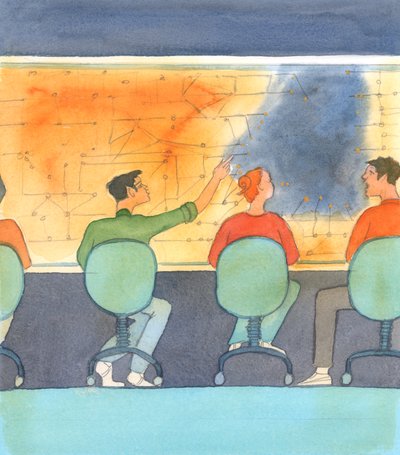 Deler av jorden ligger i mørke, igjen, 2004 (w/c på papir) av Elizabeth Wang