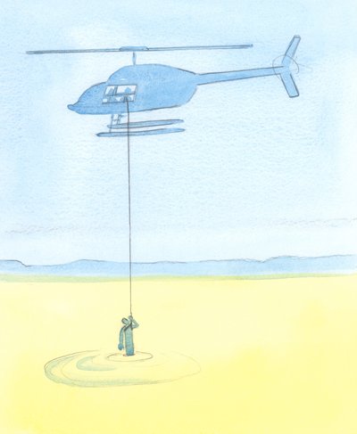 Folk blir hjulpet av våre forbønn for dem i bønn like sikkert som en desperat person fanget i en kvikksand blir hjulpet av venner som vinsjer ham i sikkerhet fra et helikopter, 2003 (w/c på papir) av Elizabeth Wang