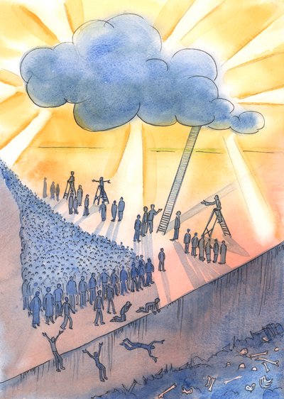 Folk er på vei mot døden og kanskje helvete, 2004 (w/c på papir) av Elizabeth Wang
