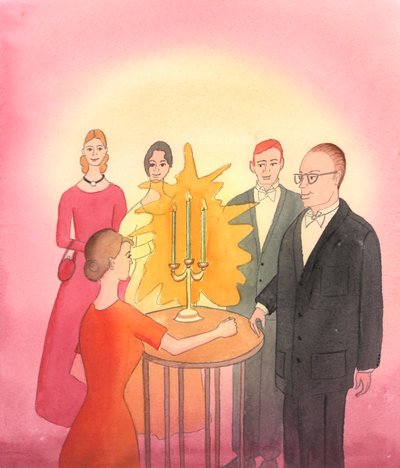 Folk i TV-programmer er avbildet "før" og "etter", ettersom de lærer sosiale ferdigheter, 2004 (w/c på papir) av Elizabeth Wang