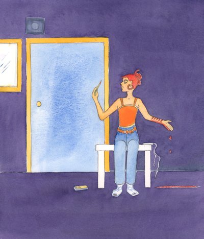 Mennesker tilraner seg Faderens rolle når de handler mot hans ønsker (selv uten å innse det) ved selvmord eller selvskading, 2005 (akvarell på papir) av Elizabeth Wang