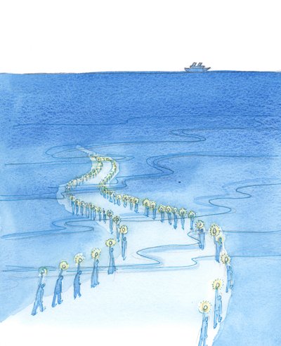 Folk som dør mens de ber (som de som døde mens de ba rosenkransen på Titanic) marsjerer langs en vei som ser ut til å føre til mørke, 2002 (w/c på papir) av Elizabeth Wang