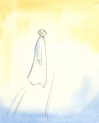 Pave Johannes Paul II svever til værs, etter hans død, og fortsetter raskt inn i himmelen, så fullstendig var hans forening med Gud, og så stor hans hellighet, enkelhet og renhet., 2006 (w/c på papir) av Elizabeth Wang