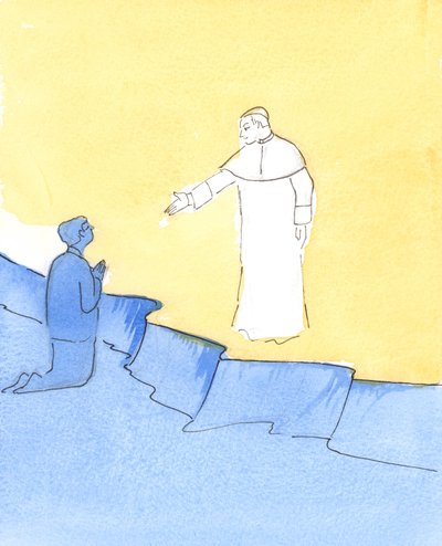 Pave Johannes Paul står i himmelen og strekker ut hånden som hilsen mens vi ber om hans hjelp, 2006 (w/c på papir) av Elizabeth Wang