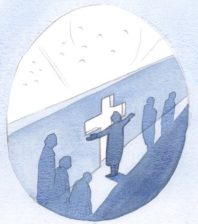 Bønn er som en døråpning der vi tar pause fra aktivitet, for å få kontakt med himmelens liv, 2000 (w/c på papir) av Elizabeth Wang