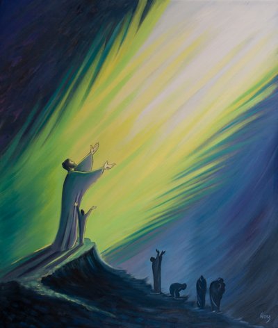 Bønn med Kristus er strålende og effektiv, men uten ham er det som å rope ut i mørket, 2001 (olje om bord) av Elizabeth Wang