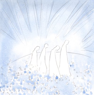 Rensede sjeler går nå på et blomsterteppe, i glede og enkelhet, frigjort fra all kynisme og hardhjertethet., 2001 (w/c på papir) av Elizabeth Wang