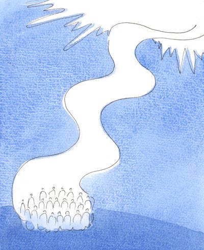 Hellig liturgi er som en elv av lovprisning som renner fra kirken, oppover mot Gud i evigheten, 2004 (w/c på papir) av Elizabeth Wang