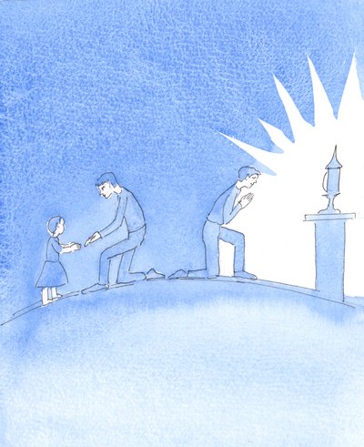 Å vise kjærlighet til Kristus: Når vi viser kjærlighet til Kristi «små», viser vi kjærlighet til Kristus; men Kristus vil at vi skal vite at slik tjeneste ikke skal erstatte å vise kjærlighet direkte til ham, i Den hellige nattverd, 2005 (akvarell på papir av Elizabeth Wang