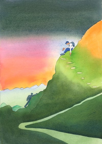 Noen som har blitt brakt "høyt" i bønn, og bedt av Herren om å veilede andre, er som en klatrer på en fjellside, 2003 (w/c på papir) av Elizabeth Wang