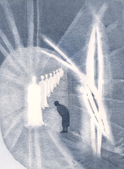 Noen ganger er Kristus tilstede for sjelen, i sin herlighet, tilbedt av vår skytsengel. Vi trenger bare å delta, og forgude, 2000 (w/c på papir) av Elizabeth Wang