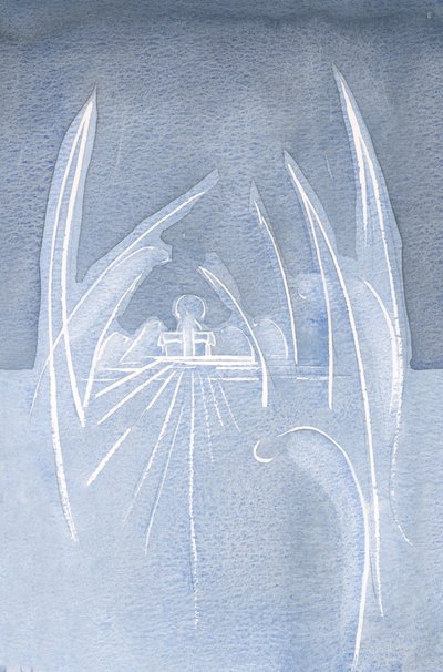 Englene bøyer seg for Kristi offer, samlet rundt ham. Andre bøyer seg i dyp ærbødighet, rundt hele kirken., 2001 (w/c på papir) av Elizabeth Wang