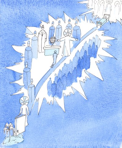 Den katolske kirke lærer den strålende sannheten at Gud i fortiden rakte ut en hånd til mennesker på forskjellige måter, 2005 (akvarell på papir) av Elizabeth Wang