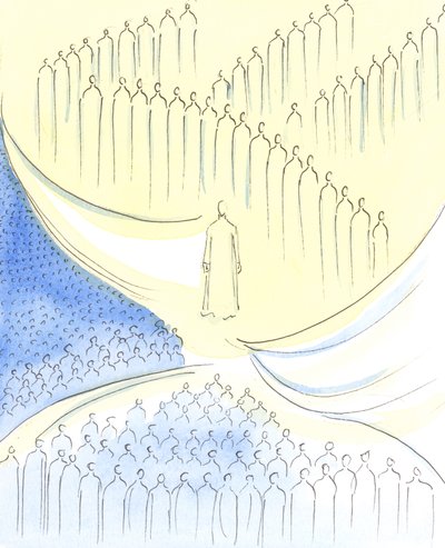 Kristus vi møter i nattverden er som ved "døråpningen" til tre områder, 2003 (w/c på papir) av Elizabeth Wang