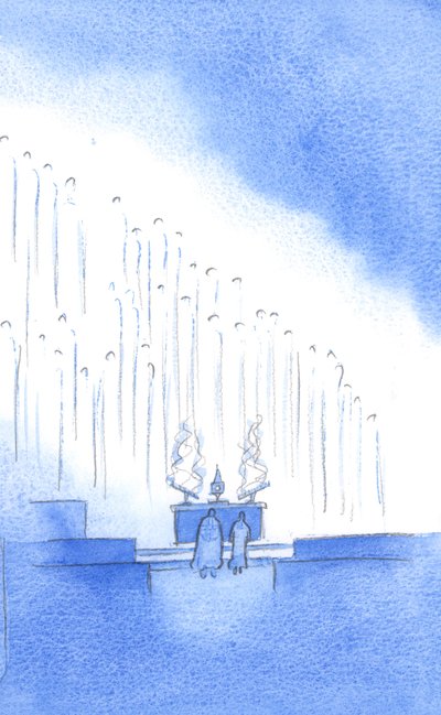 The Divine Praises: Ved den hellige time, som vi sa: "Velsignet være Gud i sine engler og i sine hellige?" - de var med oss, i tusenvis, 2002 (w/c på papir) av Elizabeth Wang