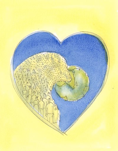 Hjertet til Jesu Kristi, vår Frelser, er så stort at det inneholder hele universet, vår verden og alle på den, 2004 (w/c på papir) av Elizabeth Wang