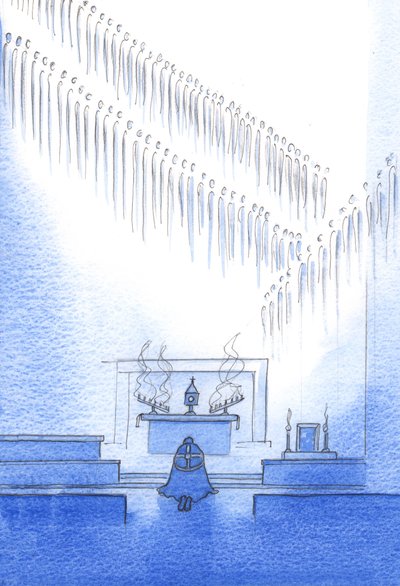 De himmelske vennene hvis liv vi anerkjenner i trosbekjennelsen, er samlet om oss. Vi er én familie, 2002 (w/c på papir) av Elizabeth Wang