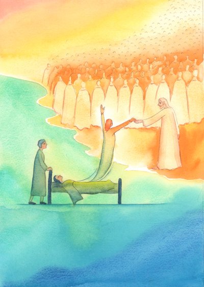 Den hellige sjel som er klar for himmelen møtes ikke bare av Kristus, men også av hans hellige mor og alle de hellige, 2003 (w/c på papir) av Elizabeth Wang