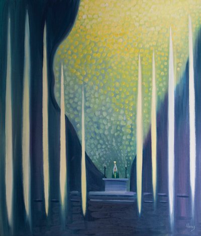 De hellige sjeler, sammen med englene, tilber med oss i messen, 2001 (olje om bord) av Elizabeth Wang