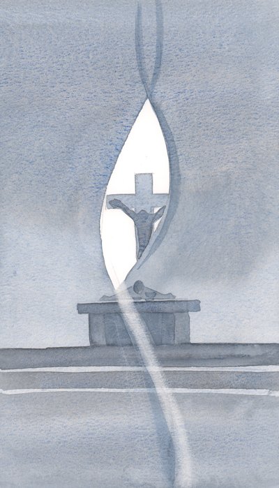 Den Hellige Ånd gjennomborer forhenget ved den hellige messe, og åpenbarer for oss mysteriet om Kristi lidelser., 2000 (w/c på papir) av Elizabeth Wang