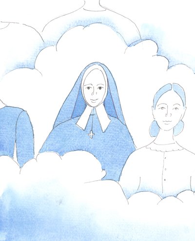 Herren viste meg St. Bernadette, som nå er lykkelig i himmelen sammen med de andre helgenene, etter sitt korte og smertefulle liv, 2005 (akvarell på papir) av Elizabeth Wang