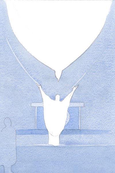 Den Aller Hellige Ånd - som om den hadde utstrakte vinger - var plassert over Kristi hode, og tok imot hans offer i Faderens kjærlighet., 2001 (w/c på papir) av Elizabeth Wang