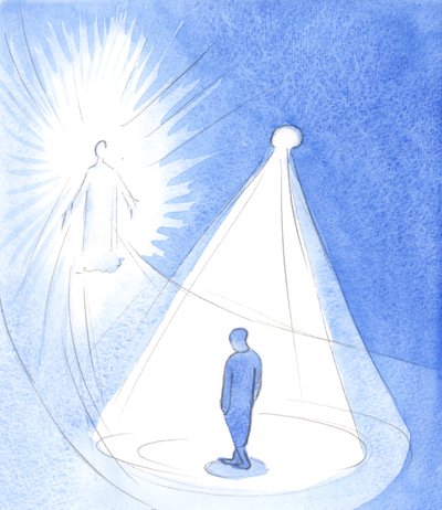 Den Aller Hellige Ånd er som en lampe som skinner over oss når vi går mot Kristus i himmelen, 2001 (w/c på papir) av Elizabeth Wang