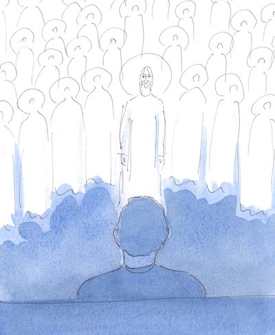 De hellige er rundt oss, sammen med Kristus, mens vi ber; de fryder seg over kjærligheten i våre hjerter, og i alle ærbødige ord og gester når vi ærer dem, og tilber og priser de tre guddommelige personer., av Elizabeth Wang