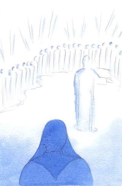 Himmelens hellige gleder seg over vår kjærlighet til Kristus, og over våre gode handlinger, fordi all glede i himmelen er delt, 2002 (w/c på papir) av Elizabeth Wang