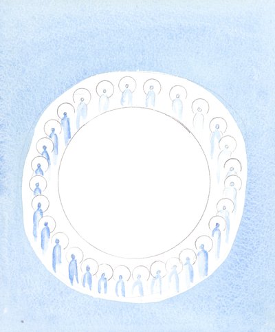 De tre guddommelige personene er forent og aktive i guddommens enhet, som om de kretser rundt i uopphørlig fellesskap, 2003 (w/c på papir) av Elizabeth Wang