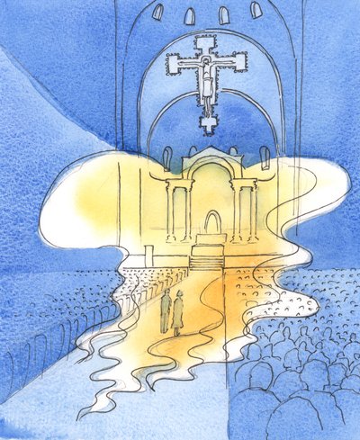 Den allhellige og majestetiske Gud som vi priser ved messen, gjennom Kristus Hans Sønn, er tilstede her, 2003 (w/c på papir) av Elizabeth Wang