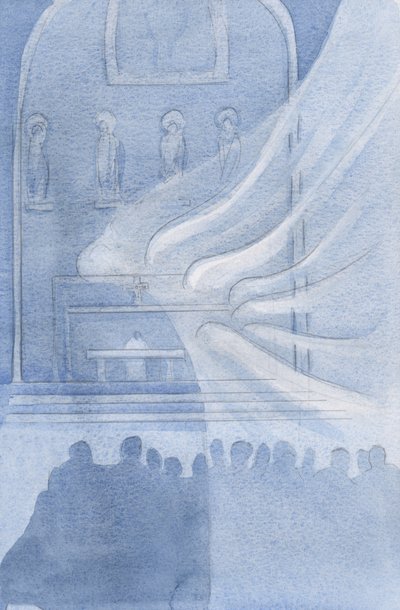 Englene forguder Kristus i den hellige eukaristien, 2001 (w/c på papir) av Elizabeth Wang