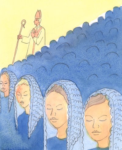 Tildekking og avdekking av hodet er viktig for Bishops, 2004 (w/c på papir) av Elizabeth Wang