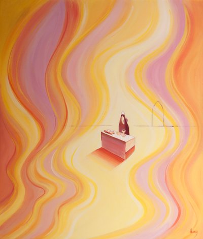 Kristi herlighet i messen er som en ild som lyser opp helligdommen, 2001 (olje om bord) av Elizabeth Wang