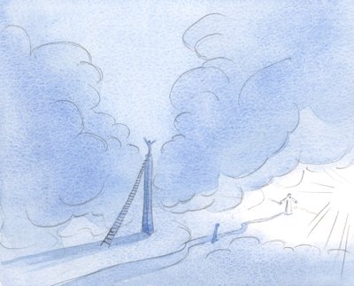 Den utålmodige sjelen (Kristus viste meg) bygger et høyt tårn, anstrenger seg etter lys, i stedet for å følge den lave, smale veien jevnt., 2001 (w/c på papir) av Elizabeth Wang
