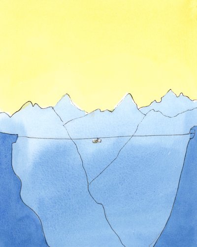 Reisen fra liv til død er som å være på en taubane mellom to fjell, 2004 (w/c på papir) av Elizabeth Wang