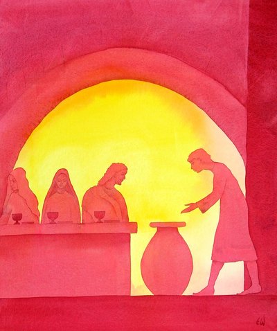 The miracle at Cana, 2001 (w/c på papir) av Elizabeth Wang