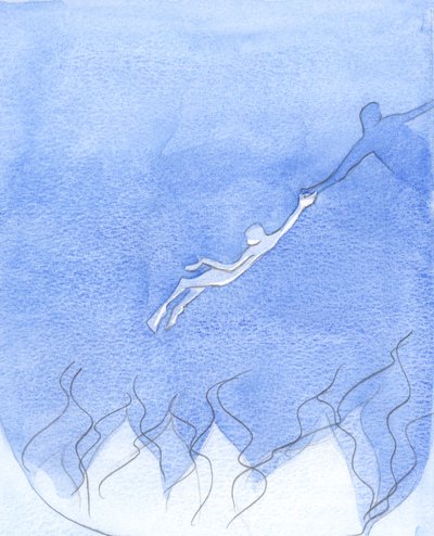 Den som kjærlig "strekker ut en hånd", i bønn for de døende, kan redde noen selv fra randen av helvete, 2001 (w/c på papir) av Elizabeth Wang