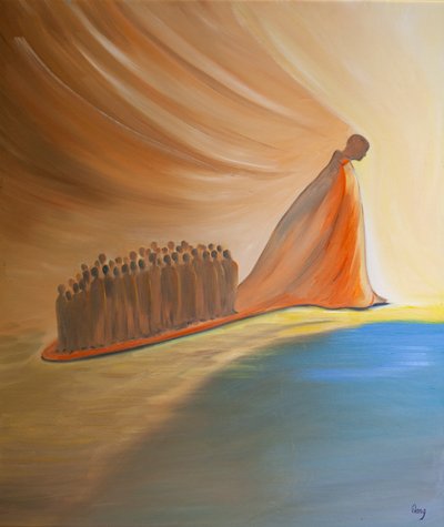 Sjelen som elsker Kristus, drar med seg andre på sitt tog, mens den forfølger sin oppgave, i dåpsprestedømmet til alle som elsker og adlyder Kristus., 2001 (olje om bord) av Elizabeth Wang