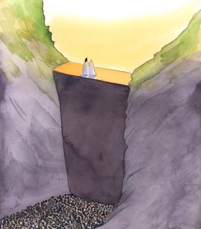 Syndens mur, som skiller oss fra Gud, skaleres bare av Kristus, som står sammen med sin mor. Han alene kan hjelpe oss å nå himmelens herlighet, 2002 (w/c på papir) av Elizabeth Wang